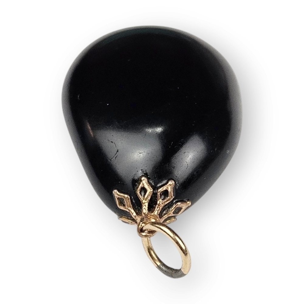 Vintage Black Glass Egg Shaped Necklace Pendant Oval Brass Filigree 2" Long - Picture 5 of 7